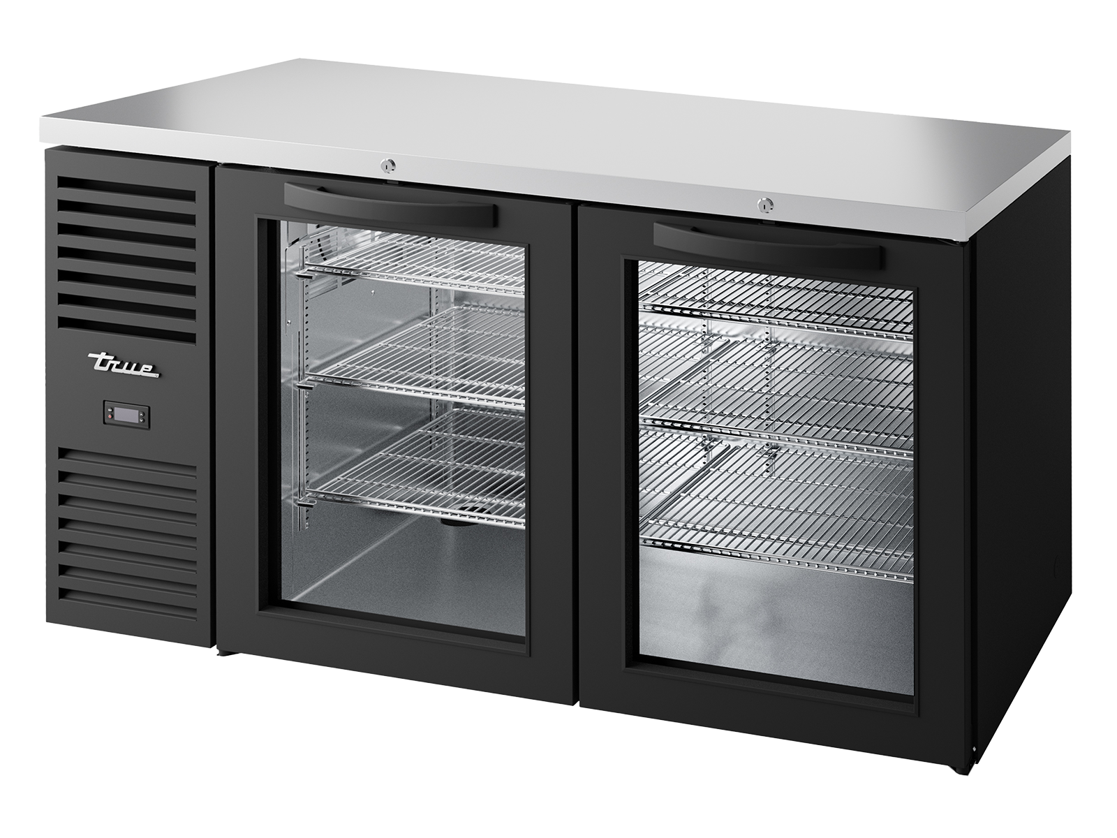 True - Bar Refrigerator, Black Ext, 2 Glass Swing Doors