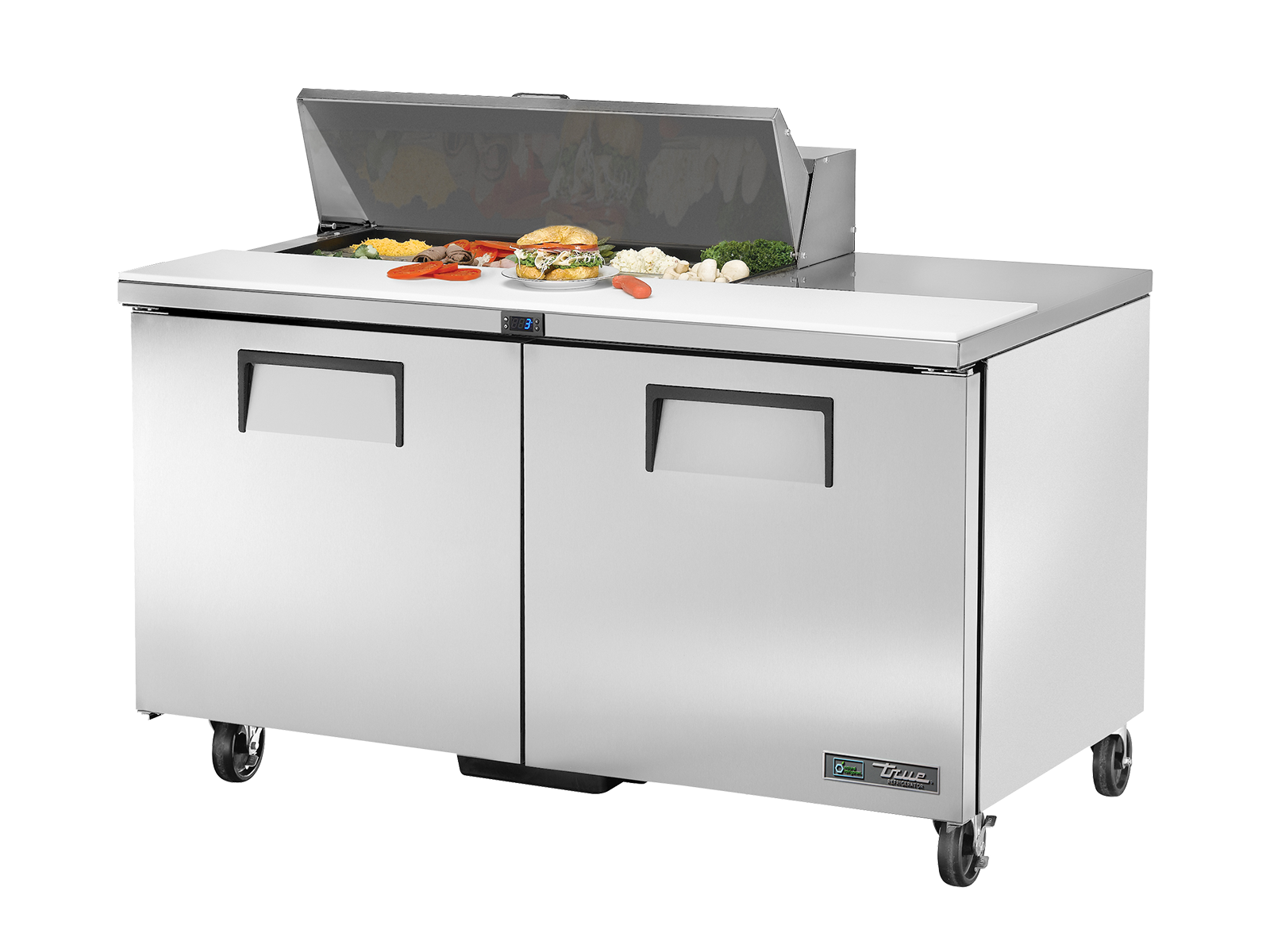 True - Prep Table, 10x 1/6 Top Pans, 2 Solid Swing Doors
