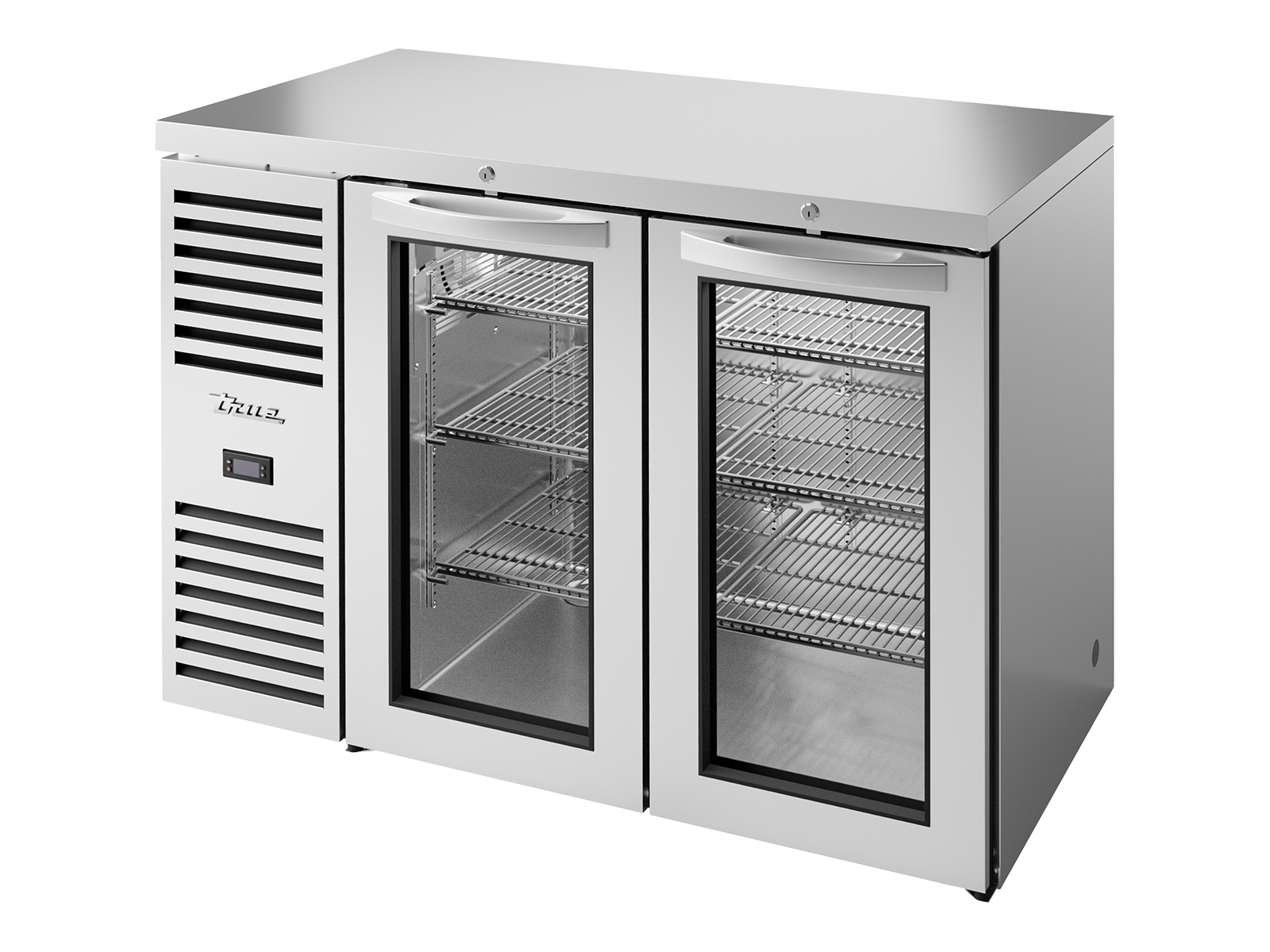 True - Bar Refrigerator, Stainless Steel Ext, 2 Glass Swing Doors