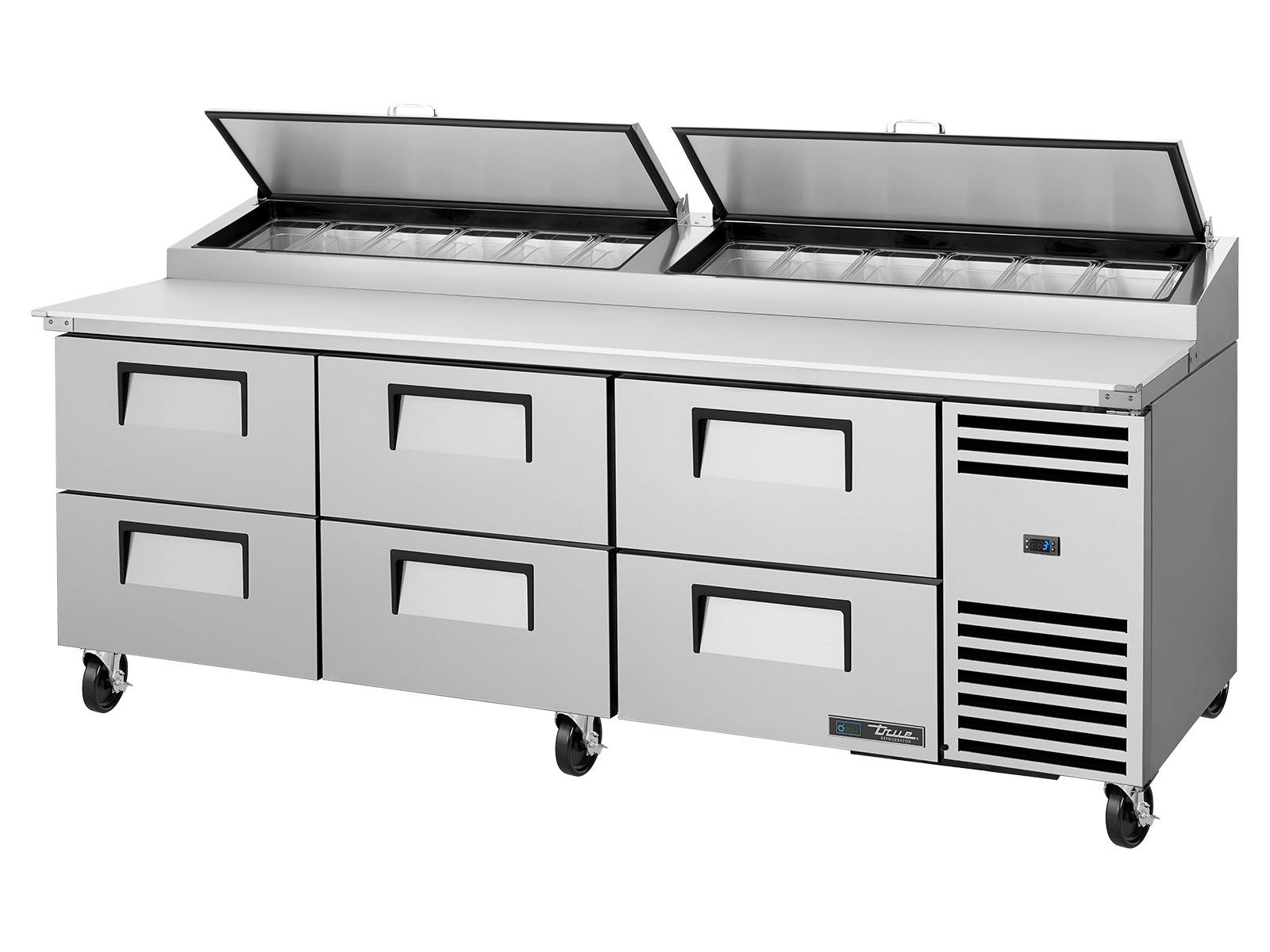 True - Pizza Prep Table, 12x 1/3 Top Pans, 6 Drawers