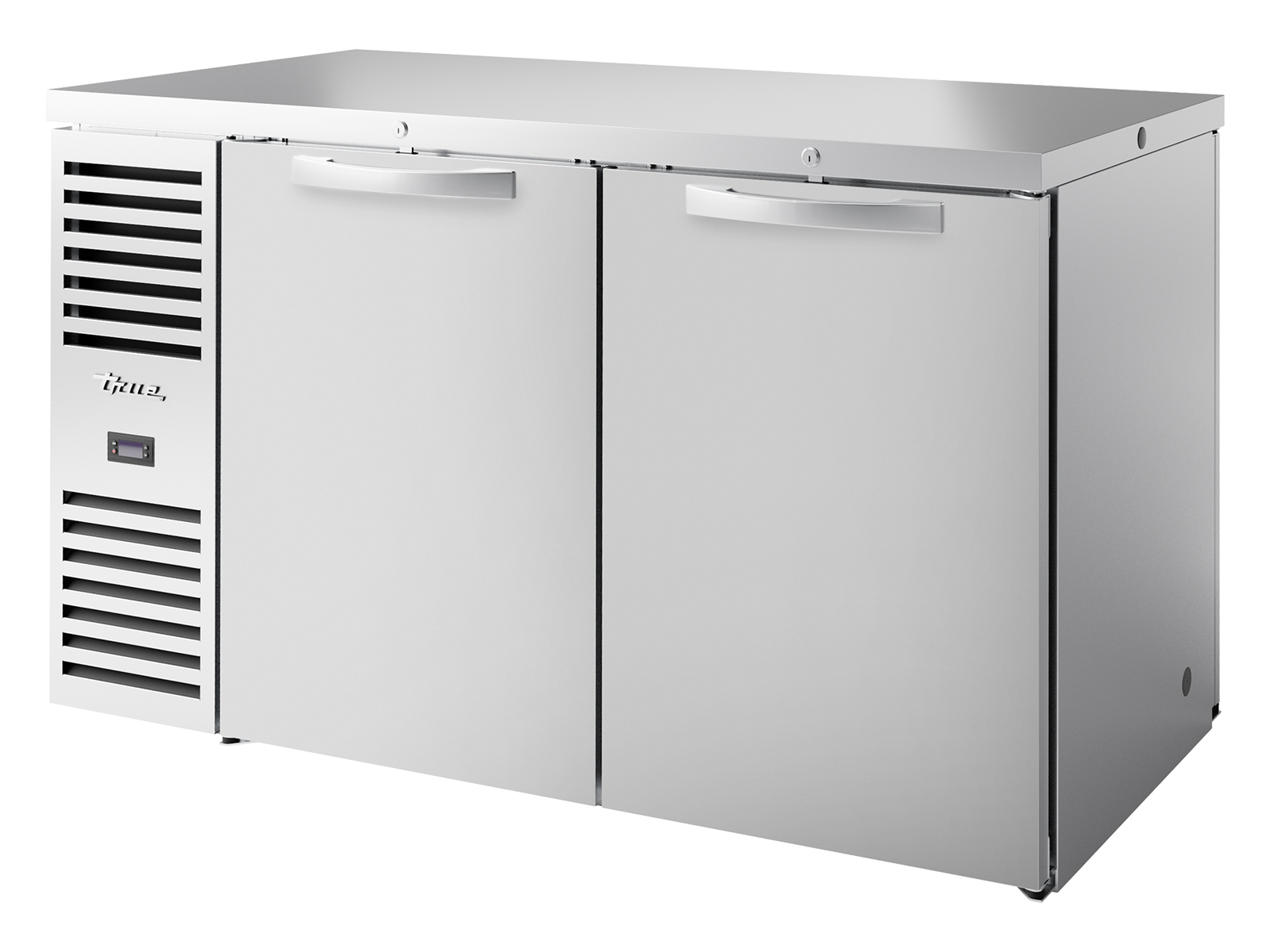 True - "Pass-Thru" Bar Refrigerator, Stainless Steel Ext, 2 Solid Swing Doors Front, 2 Solid Swing Doors Rear