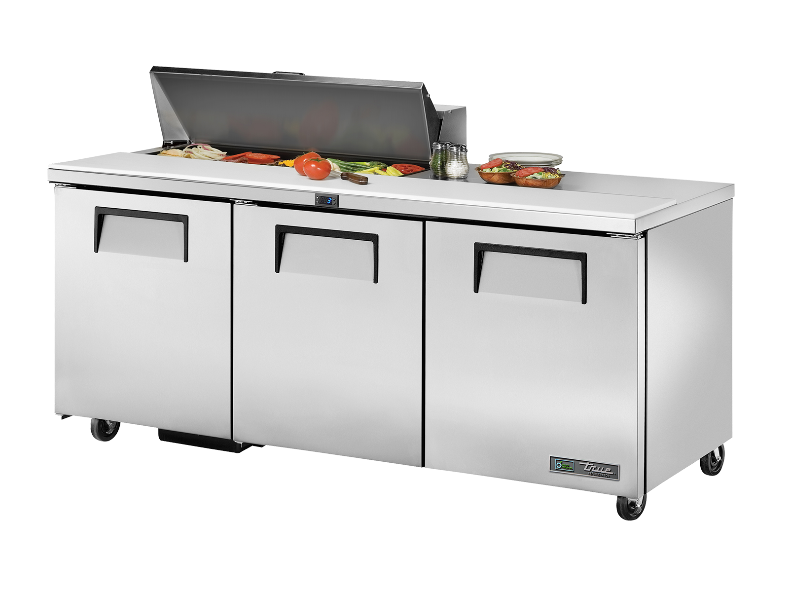 True - Prep Table, 10x 1/6 Top Pans, 3 Solid Swing Doors