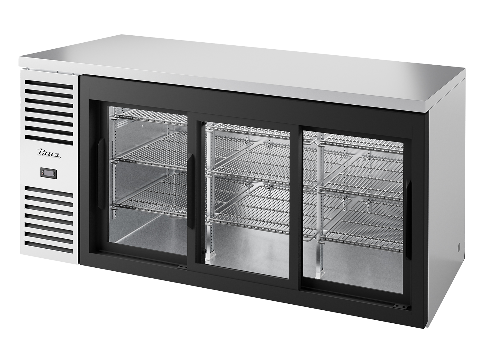 True - Bar Refrigerator, Stainless Steel Ext, 3 Glass Slide Doors