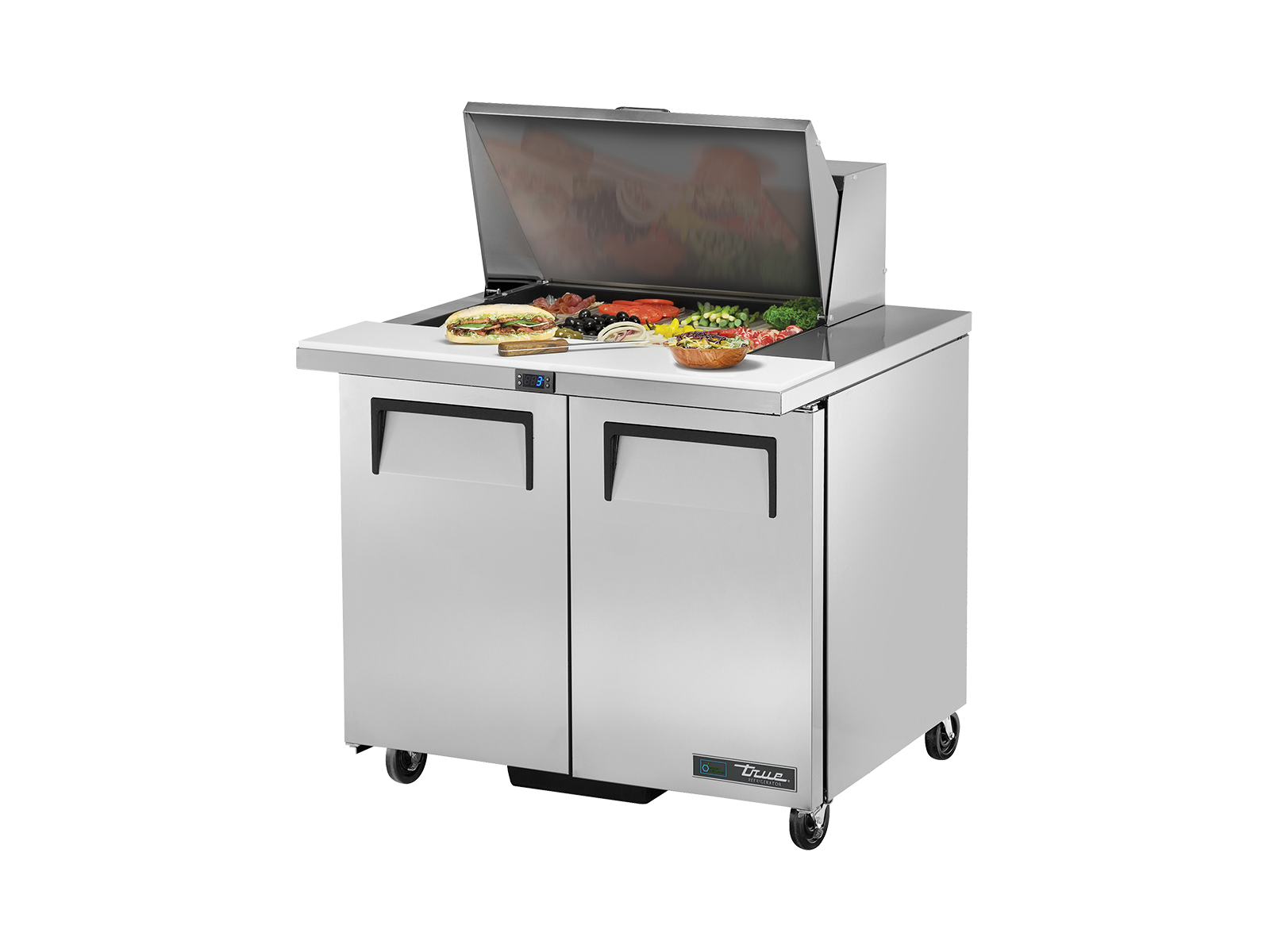 True - Prep Table, 12x 1/6 Top Pans, 2 Solid Swing Doors