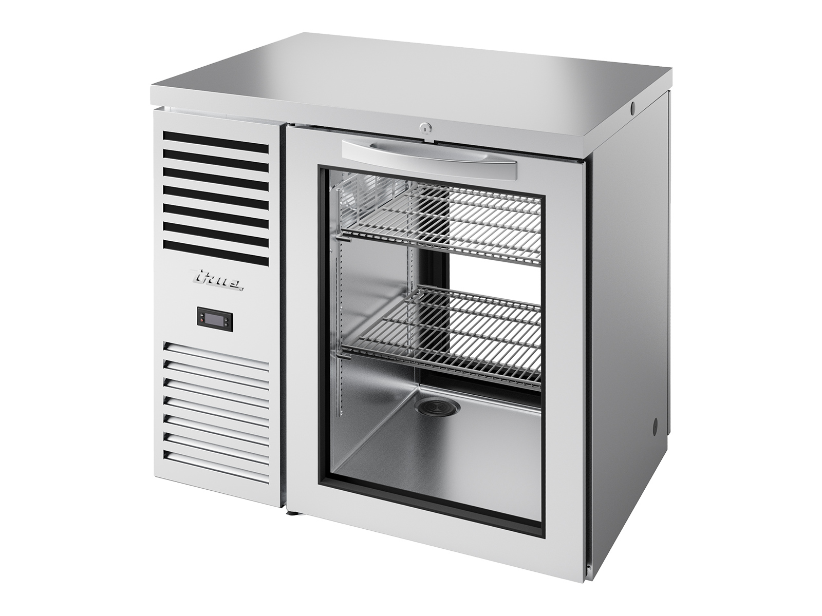 True - "Pass-Thru" Bar Refrigerator, Stainless Steel Ext, 1 Glass Swing Door Front, 1 Glass Swing Door Rear