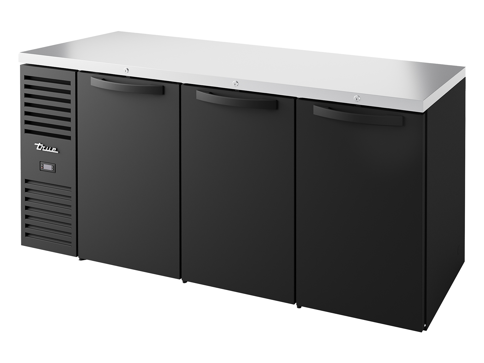 True - Bar Refrigerator, Black Ext, 3 Solid Swing Doors