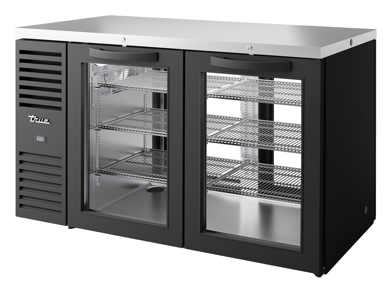 True - "Pass-Thru" Bar Refrigerator, Black Ext, 2 Glass Swing Doors Front, 2 Glass Swing Doors Rear