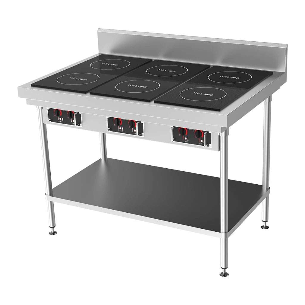 CookTek Helios 1200mm wide Freestanding Bench with 3 x Drop-in Front to Back Dual Hob Induction Cooktop