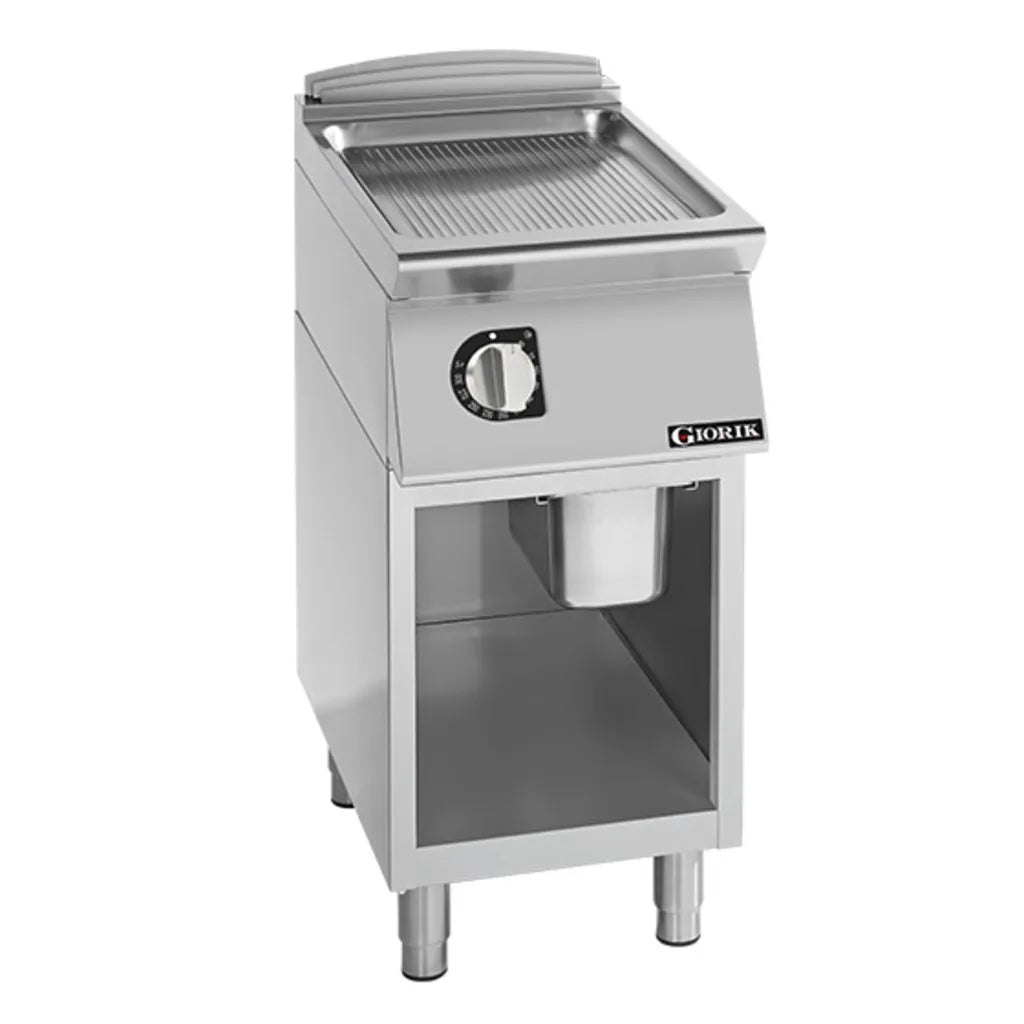 Giorik 700 Series 400mm wide Ribbed Satin Chrome Electric Frytop on Open Base FRE72GCRXT