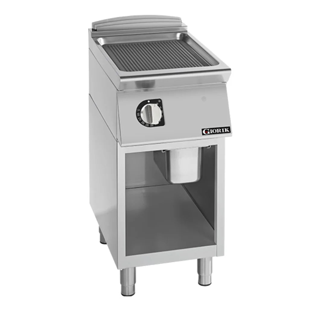 Giorik 900 Series 400mm wide Ribbed Mild Steel Electric Frytop on Open Base FRE92GFT