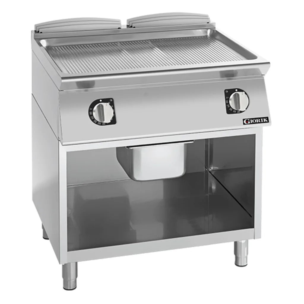 Giorik 700 Series 800mm wide Ribbed Satin Chrome Electric Frytop on Open Base FRE741GCRXT