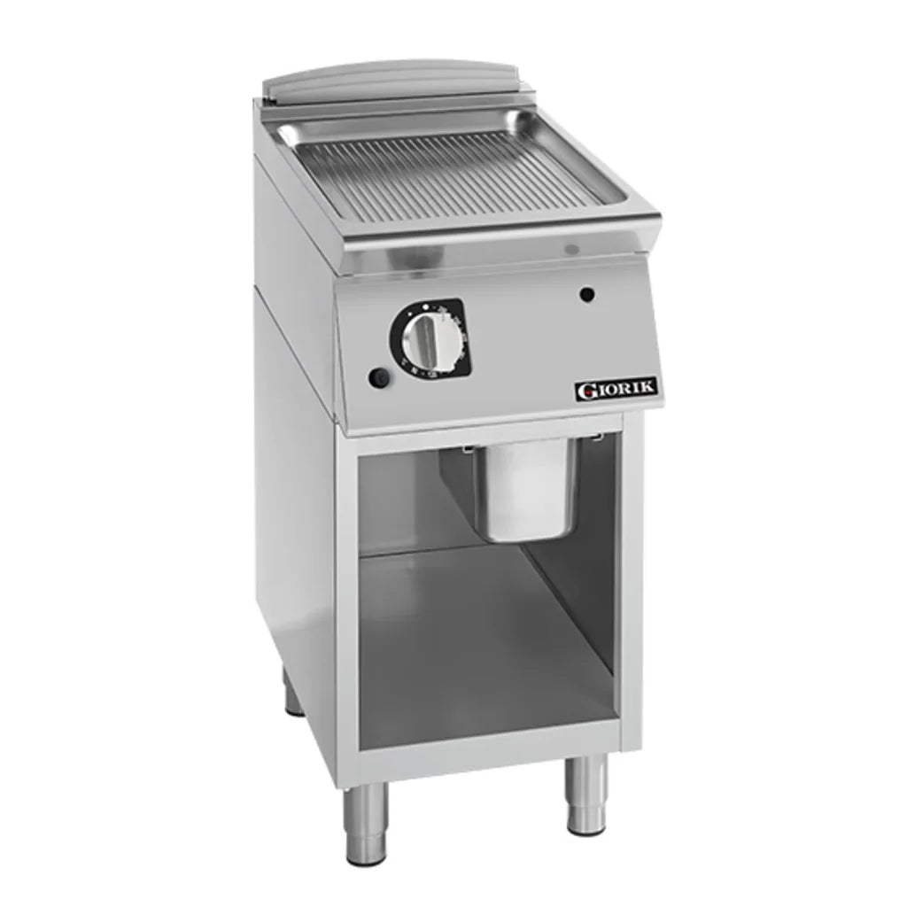 Giorik 700 Series 800mm wide Ribbed Mild Steel Electric Frytop on Open Base FRE741GFT