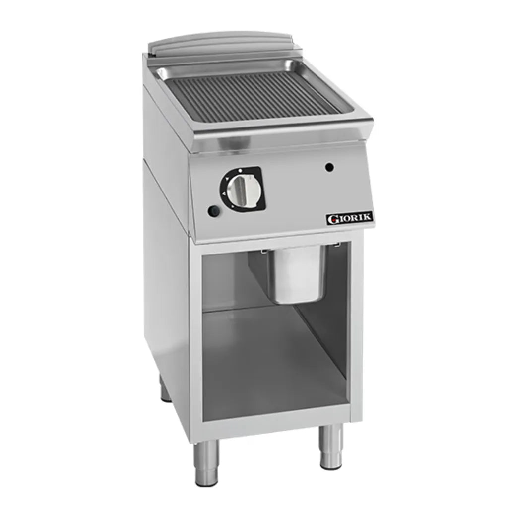 Giorik 900 Series 400mm wide Ribbed Mild Steel Gas Frytop on Open Base FRG92GFT.N