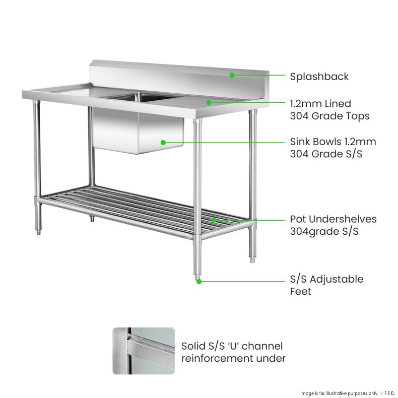 Single Centre Sink Bench & Pot Undershelf SSB6-1500C/A