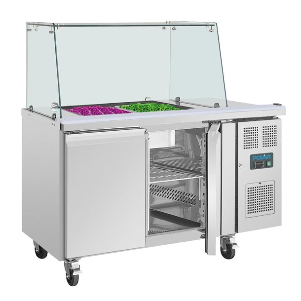 Polar U-Series GN Saladette Counter with Square Sneeze Guard 2 Door - 300W. Capacity: 2 x 1/1 GN. R600a