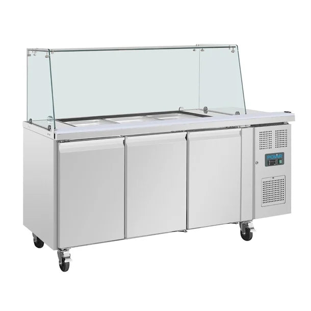 Polar U-Series GN Saladette Counter with Square Sneeze Guard 3 Door - 300W. Capacity: 3 x 1/1 GN. R600a