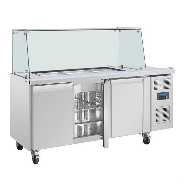 Polar U-Series GN Saladette Counter with Square Sneeze Guard 3 Door - 300W. Capacity: 3 x 1/1 GN. R600a