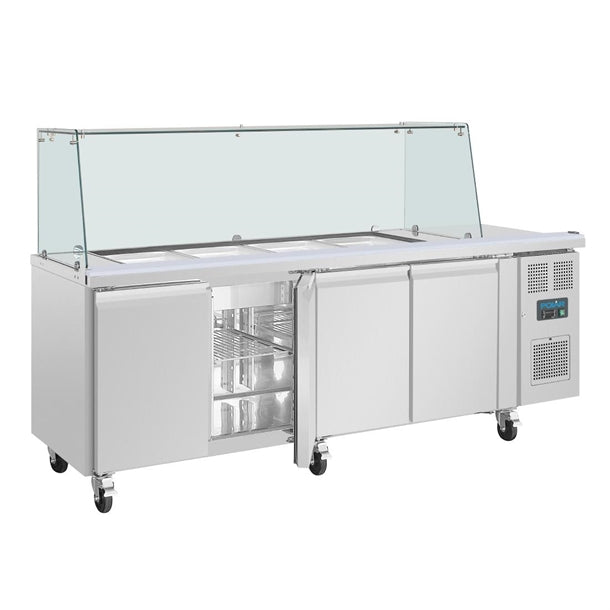 Polar U-Series GN Saladette Counter with Square Sneeze Guard 4 Door - 300W. Capacity: 4 x 1/1 GN. R600a