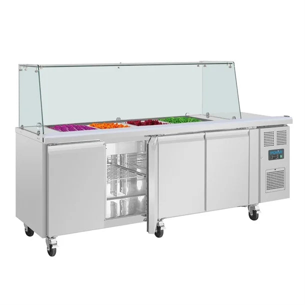 Polar U-Series GN Saladette Counter with Square Sneeze Guard 4 Door - 300W. Capacity: 4 x 1/1 GN. R600a