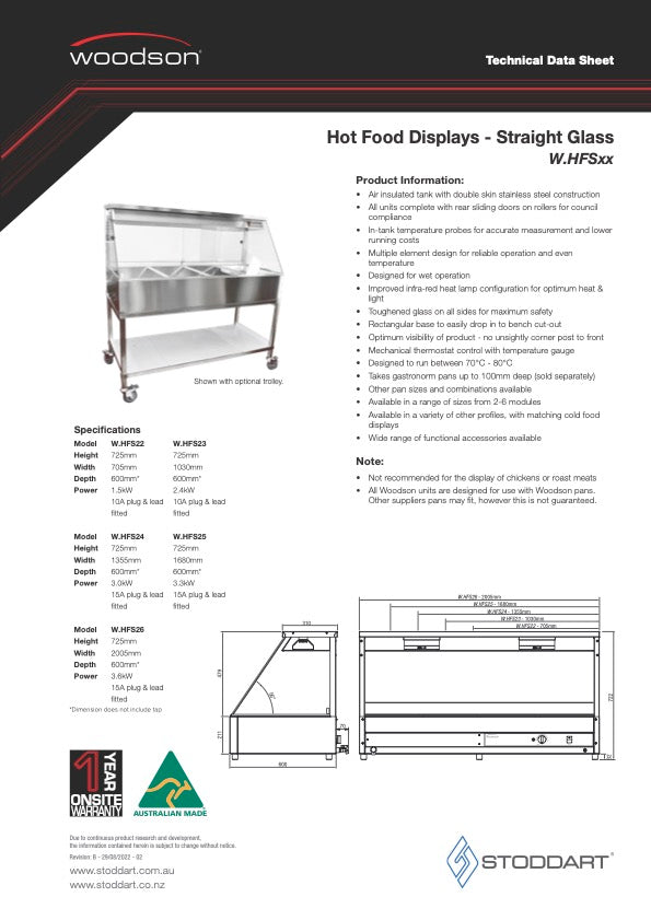 Woodson WR.CFS26  2 Rows, 6 Bays Cold Food Displays (Straight Glass, 10A) - 0.84kW / 284kg / W2005 x D608 x H690 / 1Y Warranty
