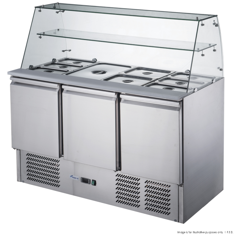 FED-X Three Door Salad Prep Fridge with Glass Top - XS903GC - Catering Sale