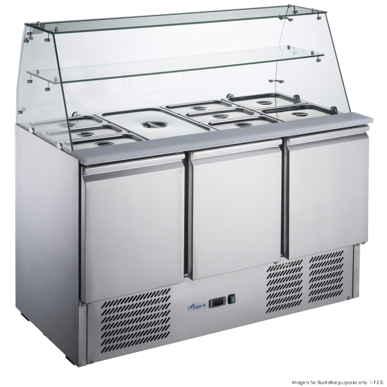 FED-X Three Door Salad Prep Fridge with Glass Top - XS903GC - Catering Sale