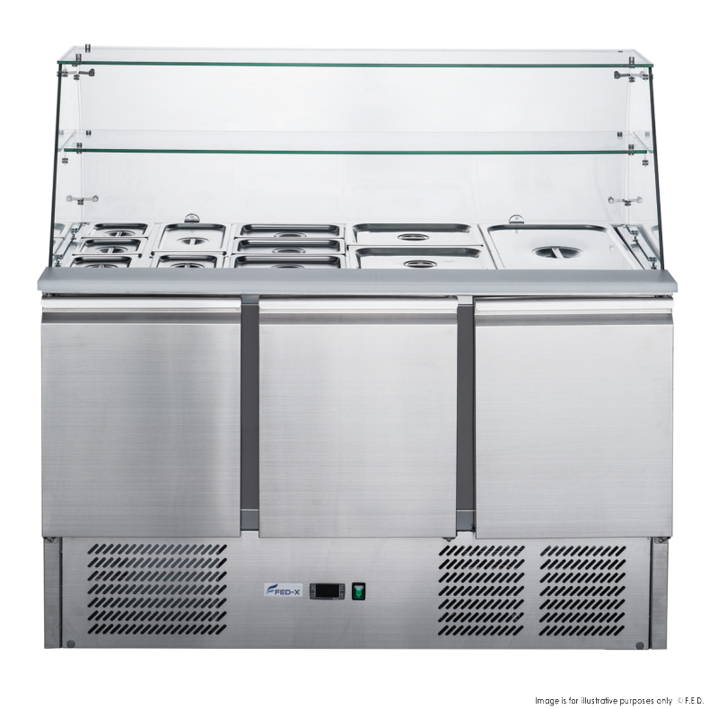FED-X Three Door Salad Prep Fridge with Glass Top - XS903GC - Catering Sale