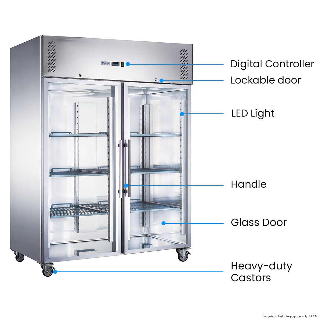 FED-X XURF1410G2V S/S Two Full Glass Door Upright Freezer 1410L W1364mm