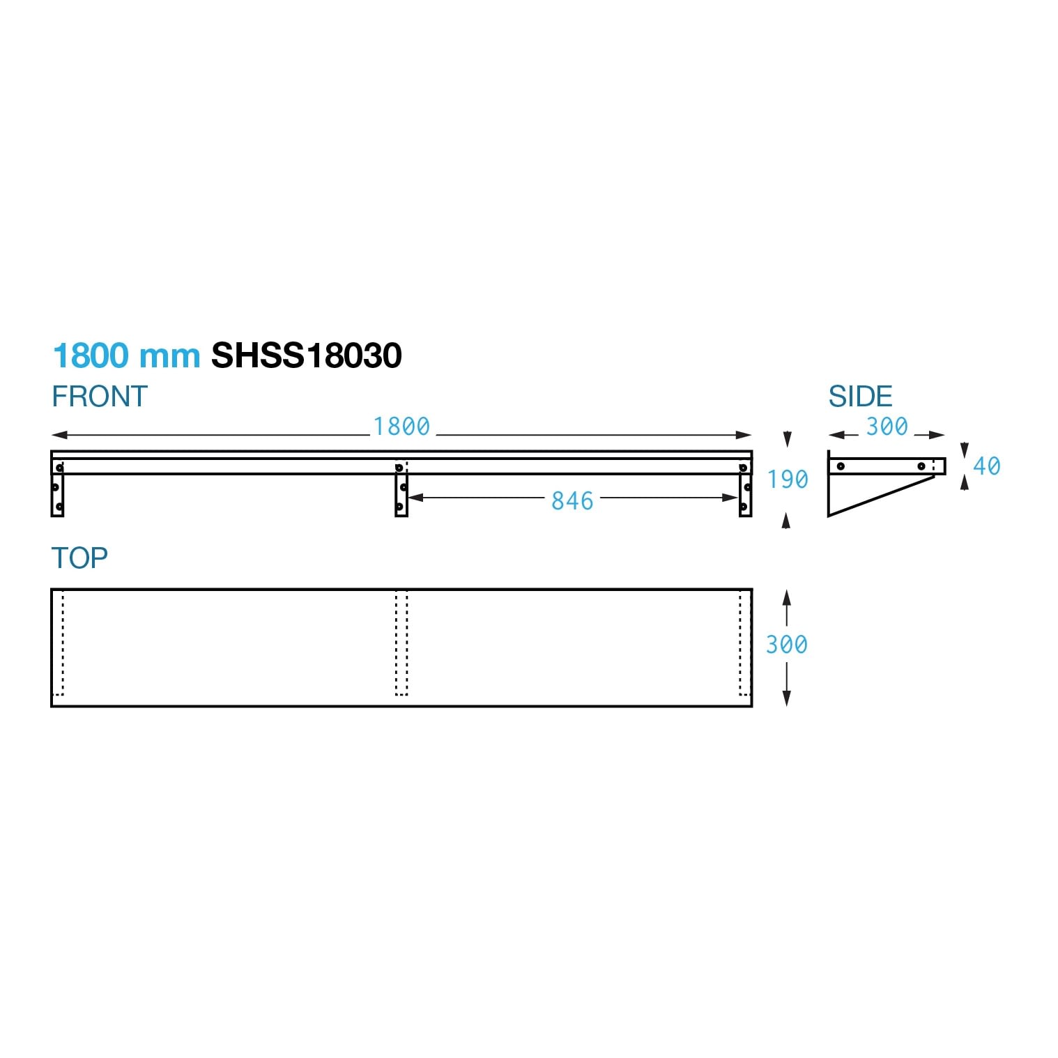 Brayco SHSS18030 Stainless Steel Solid Wall Shelf / W1800-D300 mm