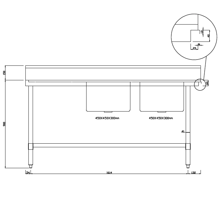 Kitchen Knock ASDD-2170RL INLET DOUBLE SINK BENCH with 150MM SPLASH BACK / W2100-D700-H900 mm