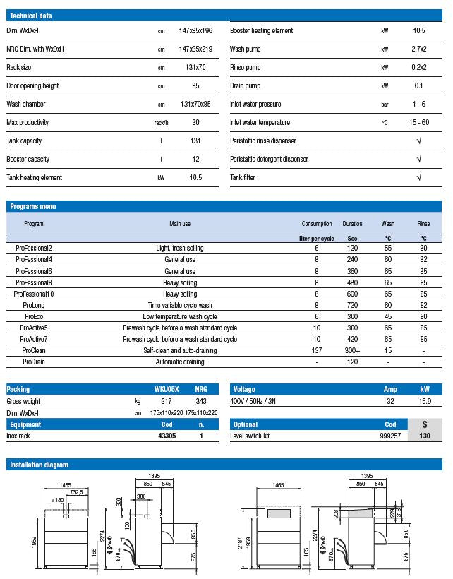SAFCO Eurowash Utensil washer with High wash chamber (W1470 x D850 x H1960/32A/Inc Rinse Pump) [EW3105]